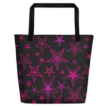 Load image into Gallery viewer, Rockstar Pinks, Purples &amp; Black Stars on Black Beach Bag