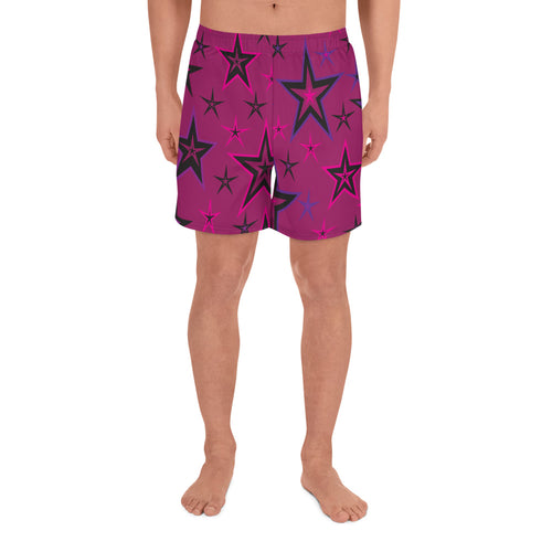Rockstar Pinks, Purples & Black Stars on Dark Rose Men's Athletic Long Shorts