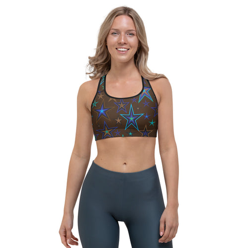 Earth & Sky Blues, Greens, Browns & Black Stars on Dark Brown Women's Sports Bra