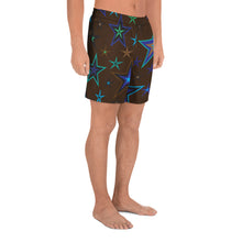 Load image into Gallery viewer, Earth &amp; Sky Blues, Greens, Browns &amp; Black Stars on Dark Brown Men&#39;s Athletic Long Shorts