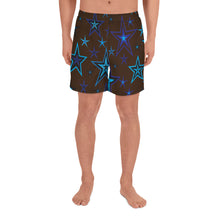 Load image into Gallery viewer, Earth &amp; Sky Blues &amp; Black Stars on Dark Brown Men&#39;s Athletic Long Shorts