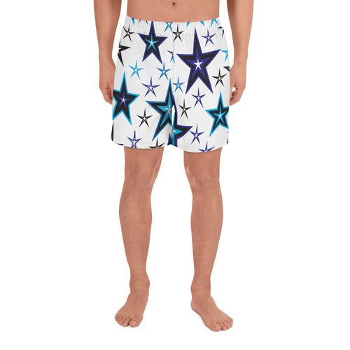 High Vibe Sky Blues, Black & White Stars on White Men's Athletic Long Shorts