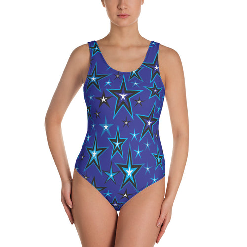 High Vibe Sky Blues, Black & White Stars on Dark Blue Women's One-Piece Swimsuit