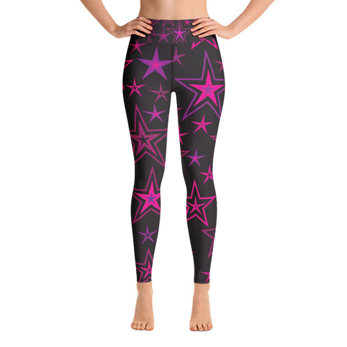 Rockstar Pinks, Purples & Black Stars on Black Women's Yoga Leggings