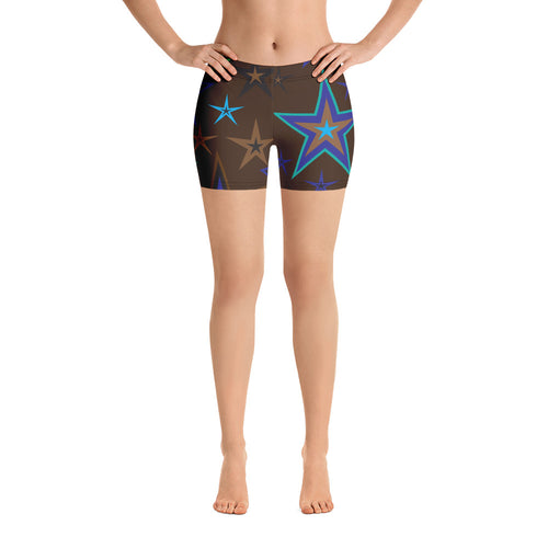 Earth & Sky Blues, Greens, Browns & Black Stars on Dark Brown Women's Aerobic Biker Shorts