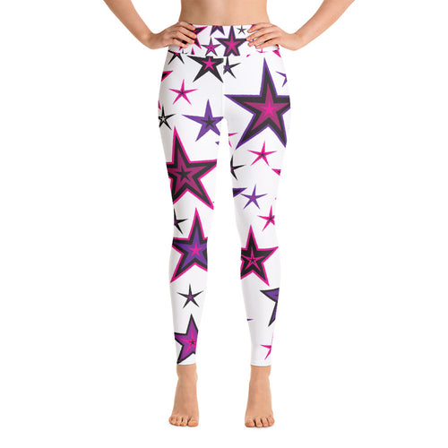 Rockstar Pinks, Purples & Black Stars on White Women's Yoga Leggings