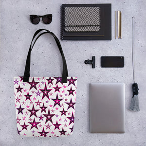 Rockstar Pinks, Purples, Black & White Stars on White Tote Bag