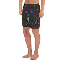 Load image into Gallery viewer, Earth &amp; Sky Blues &amp; Black Stars on Dark Brown Men&#39;s Athletic Long Shorts