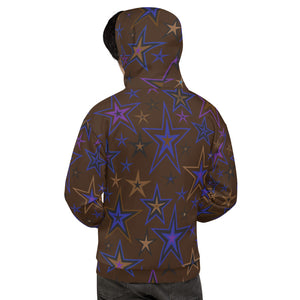 Earth & Sky Blues, Purples, Browns & Black Stars on Dark Brown Unisex Hoodie