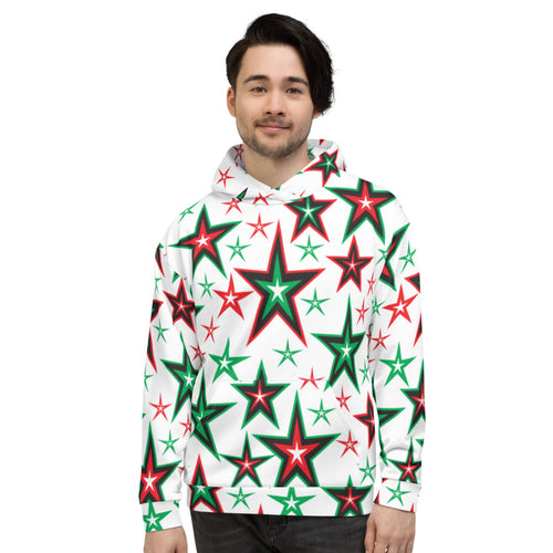 Z12 Christmas Holiday Red, Green & Black Stars on White Unisex Hoodie