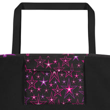 Load image into Gallery viewer, Rockstar Pinks, Purples &amp; White Stars on Black Beach Bag