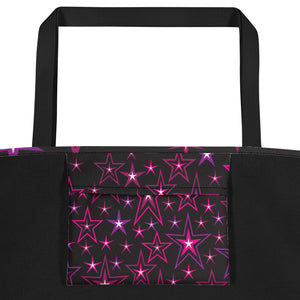 Rockstar Pinks, Purples & White Stars on Black Beach Bag