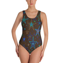 Load image into Gallery viewer, Earth &amp; Sky Blues, Greens, Browns &amp; Black Stars on Dark Brown Women&#39;s One-Piece Swimsuit