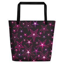 Load image into Gallery viewer, Rockstar Pinks, Purples &amp; White Stars on Black Beach Bag