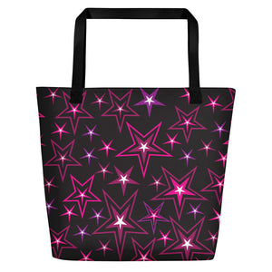 Rockstar Pinks, Purples & White Stars on Black Beach Bag