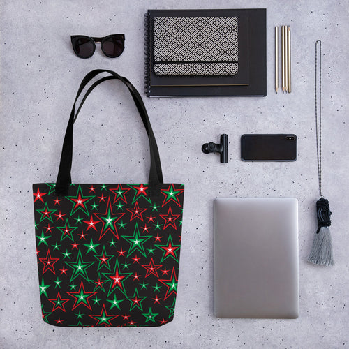 Z12 Christmas Holiday Red, Green & White Stars on Black Tote Bag