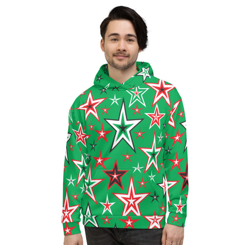 Z12 Christmas Holiday Red, Green, Black & White Stars on Green Unisex Hoodie