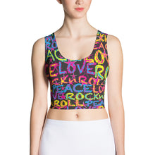 Load image into Gallery viewer, Peace, Love &amp; Rock n Roll on Stars Women&#39;s Yoga Crop Top