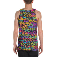 Load image into Gallery viewer, Peace, Love &amp; Rock n Roll on Stars Unisex Tank Top