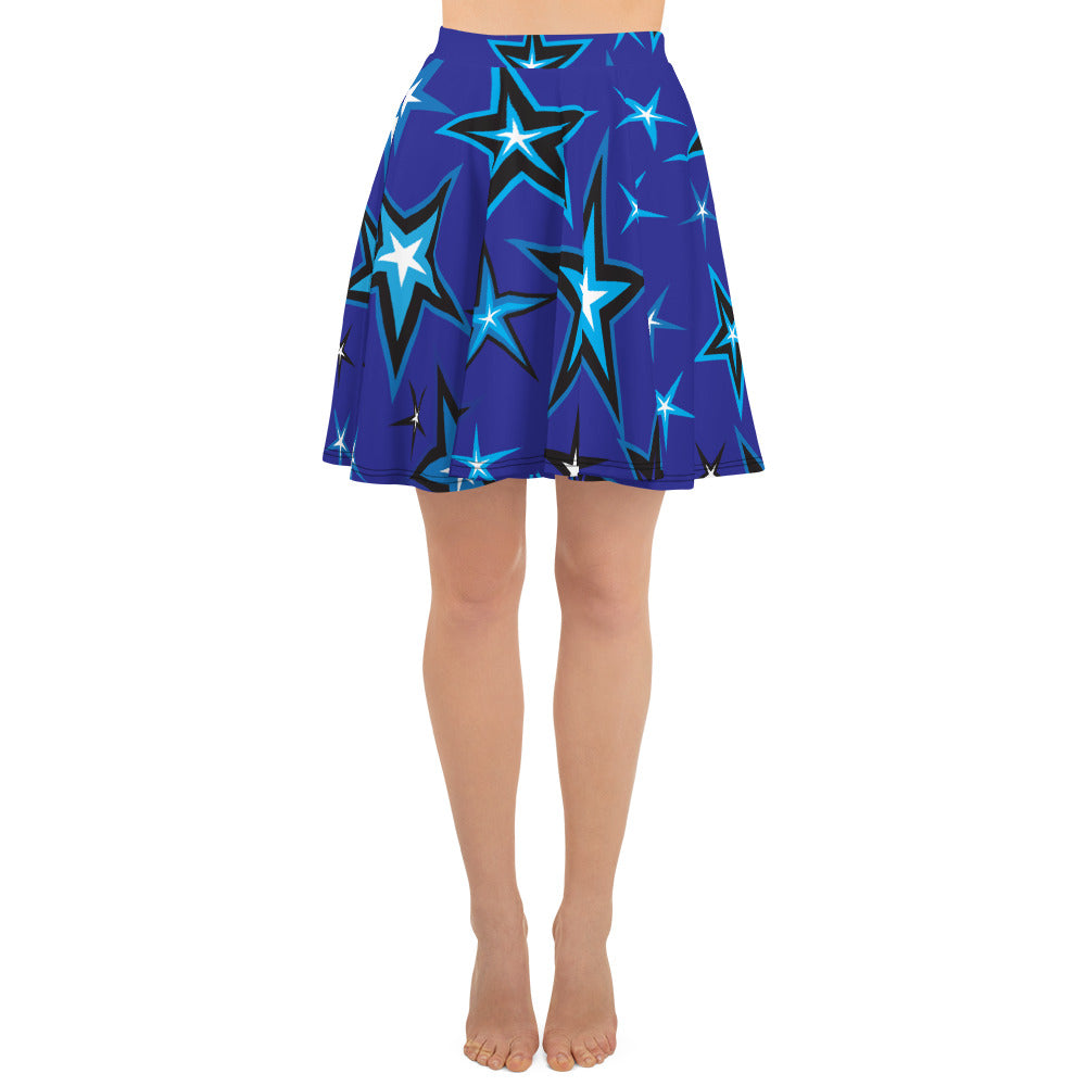 High Vibe Sky Blues, Black & White Stars on Dark Blue Women's Skater Skirt