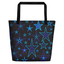 Load image into Gallery viewer, High Vibe Sky Blues &amp; Black Stars on Black Beach Bag