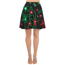 Load image into Gallery viewer, Z12 Christmas Holiday Red, Green &amp; White Stars on Black Women&#39;s Skater Skirt