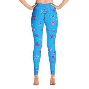 Aqua Sky Pink Stars Women's Yoga Leggings