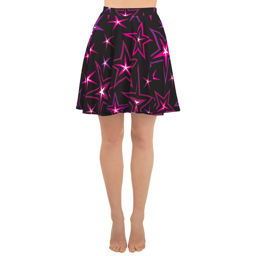 Rockstar Pinks, Purples, Black & White Stars on Black Women's Skater Skirt