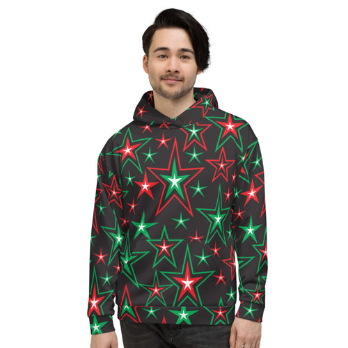 Z12 Christmas Holiday Red, Green & White Stars on Black Unisex Hoodie