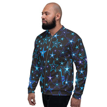 Load image into Gallery viewer, High Vibe Sky Blues, Black &amp; White Stars on Black Unisex Bomber Jacket