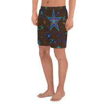 Load image into Gallery viewer, Earth &amp; Sky Blues, Greens, Browns &amp; Black Stars on Dark Brown Men&#39;s Athletic Long Shorts