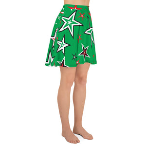 Z12 Christmas Holiday Red, Green, Black & White Stars on Green Women's Skater Skirt