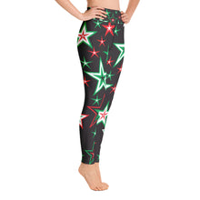 Load image into Gallery viewer, Z12 Christmas Holiday Red, Green, Black &amp; White Stars on Black Women&#39;s Yoga Leggings