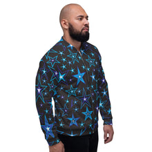 Load image into Gallery viewer, High Vibe Sky Blues, Black &amp; White Stars on Black Unisex Bomber Jacket