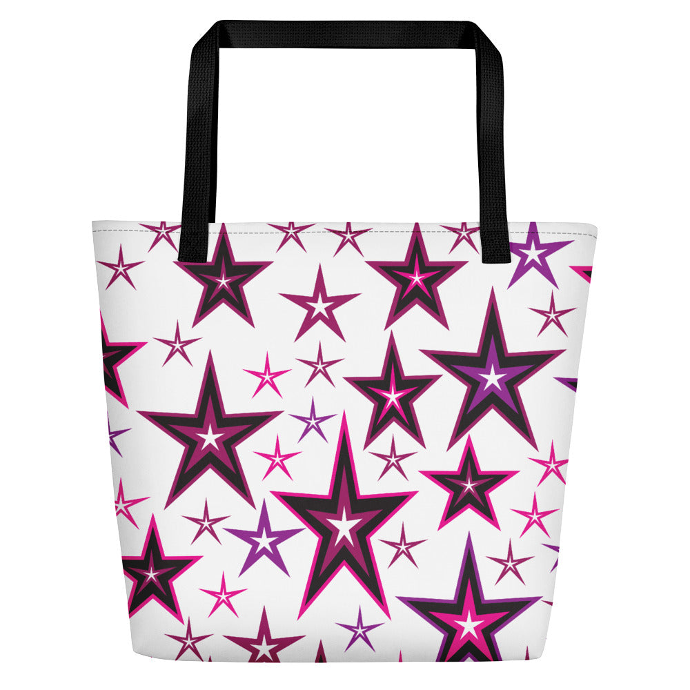 Rockstar Pinks, Purples, Black & White Stars on White Beach Bag