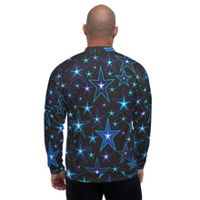 Load image into Gallery viewer, High Vibe Sky Blues, Black &amp; White Stars on Black Unisex Bomber Jacket