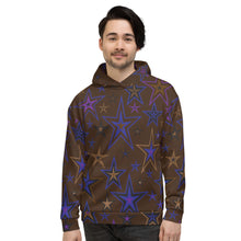 Load image into Gallery viewer, Earth &amp; Sky Blues, Purples, Browns &amp; Black Stars on Dark Brown Unisex Hoodie