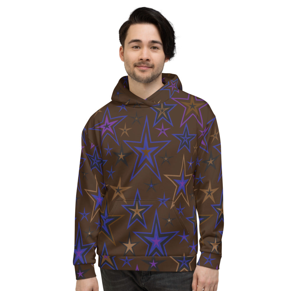 Earth & Sky Blues, Purples, Browns & Black Stars on Dark Brown Unisex Hoodie