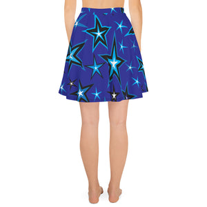 High Vibe Sky Blues, Black & White Stars on Dark Blue Women's Skater Skirt