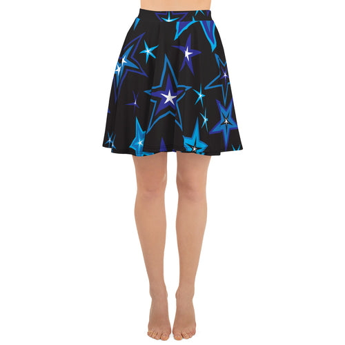 High Vibe Sky Blues, Black & White Stars on Black Women's Skater Skirt