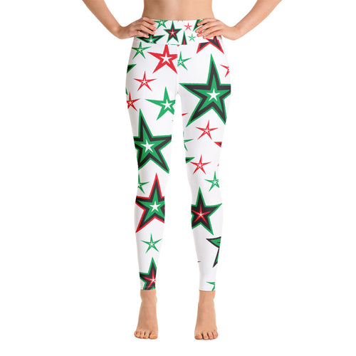 Z12 Christmas Holiday Red, Green & Black Stars on White Women's Yoga Leggings