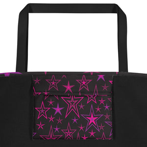 Rockstar Pinks, Purples & Black Stars on Black Beach Bag