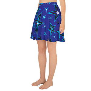 High Vibe Sky Blues, Black & White Stars on Dark Blue Women's Skater Skirt