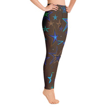 Load image into Gallery viewer, Earth &amp; Sky Blues, Greens, Browns &amp; Black Stars on Dark Brown Women&#39;s Yoga Leggings