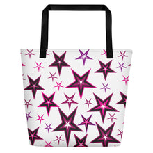 Load image into Gallery viewer, Rockstar Pinks, Purples, Black &amp; White Stars on White Beach Bag