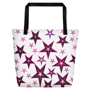 Rockstar Pinks, Purples, Black & White Stars on White Beach Bag