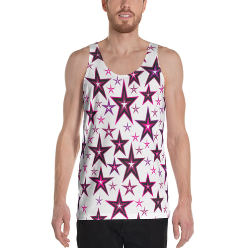 Rockstar Pinks, Purples, Black & White Stars on White Unisex Tank Top