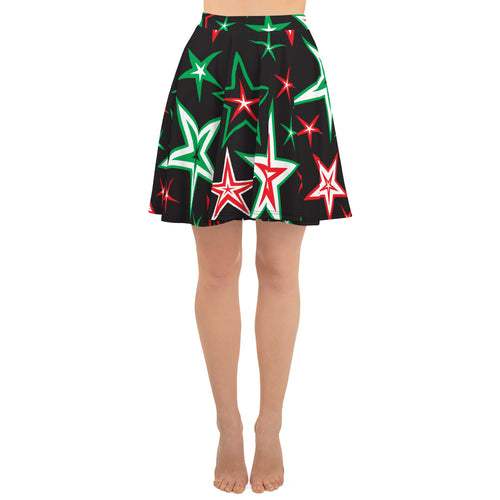 Z12 Christmas Holiday Red, Green, Black & White Stars on Black Women's Skater Skirt