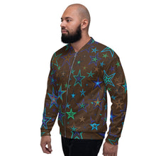 Load image into Gallery viewer, Earth &amp; Sky Blues, Greens, Browns &amp; Black Stars on Dark Brown Unisex Bomber Jacket