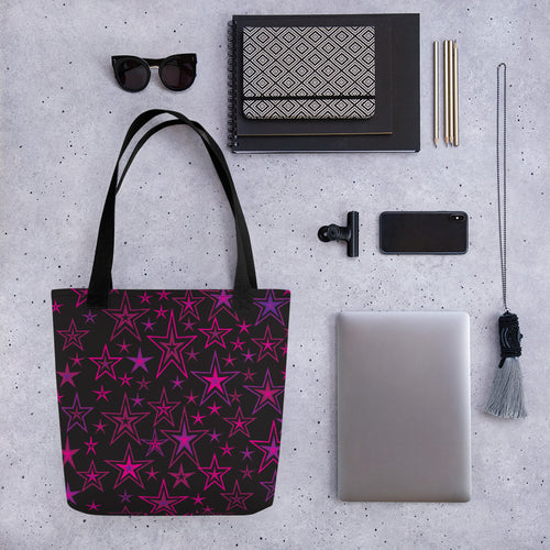 Rockstar Pinks, Purples & Black Stars on Black Tote Bag